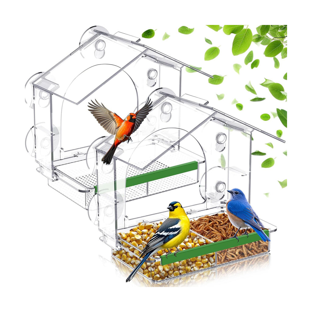Window Bird Feeder for Outdoors, Clear Bird Feeders with 5 Extra Strong Suction Cups, Sturdy and Durable Bird House for Window Viewing Outside, Garden Decor Gifts for Bird Lover, 2 Pack