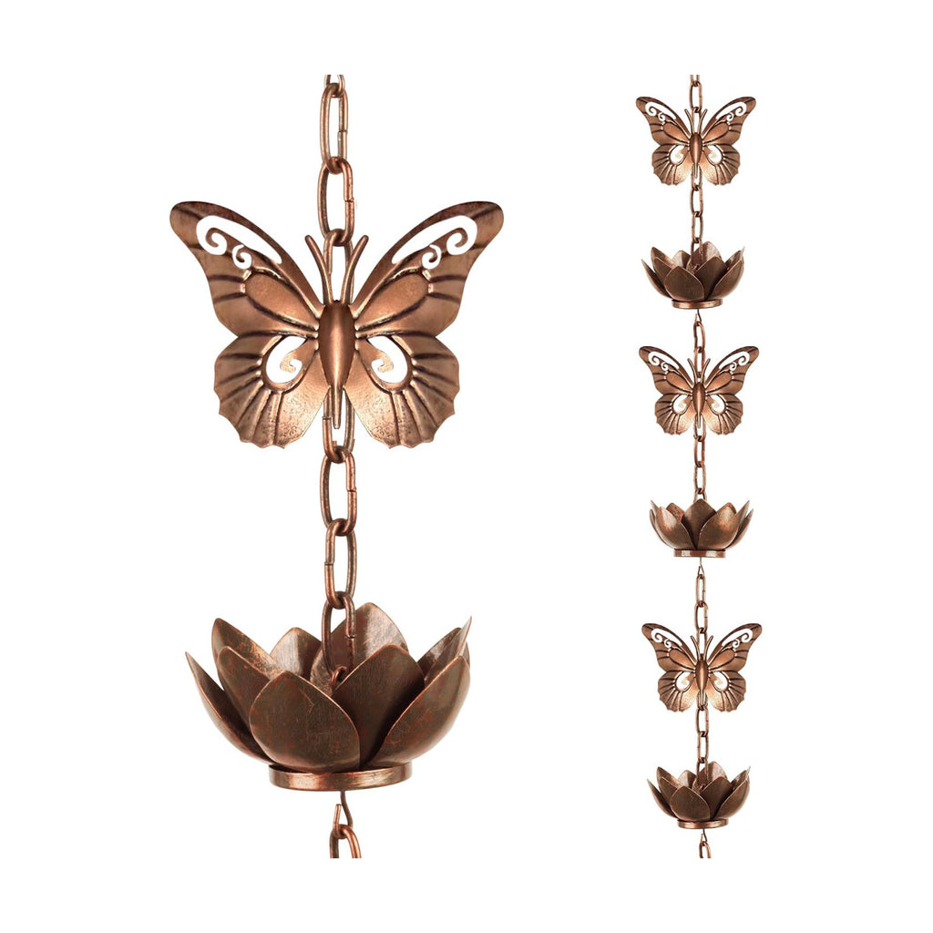 8.8ft Rain Chain for Gutters Downspouts Outside,Butterfly Rain Chain Cups with 12 Copper Chain Adjustable Lotus Rain