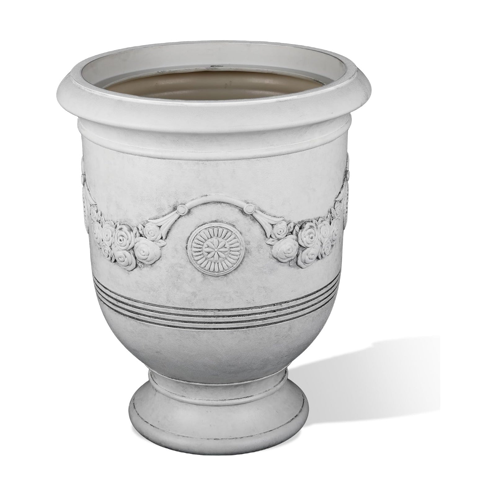 KOL Large Plastic Urn Planter - 16” Dia x 19” H Lightweight Classic Planter Pot with Cement Texture & Drainage Hole