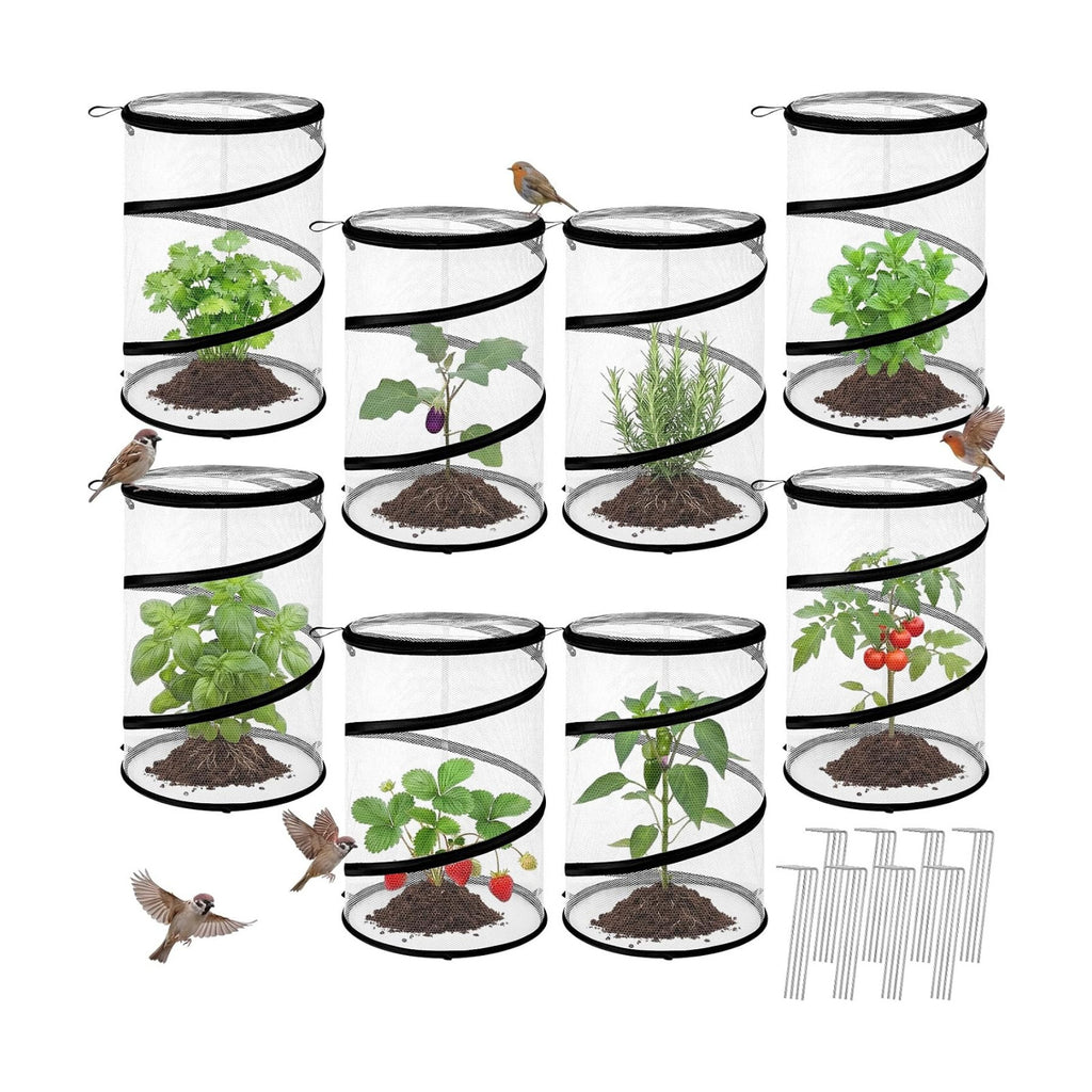 8 Pop up Mesh Plant Protectors from Animals Round Plant Netting Pest Cover Each Set with Stakes and Storage Bag for