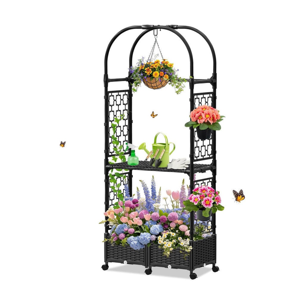Planter Box with Trellis,5.9ft/71in Self Watering Raised Garden Bed with Wheels and Storage Shelf,Drainage Holes,for