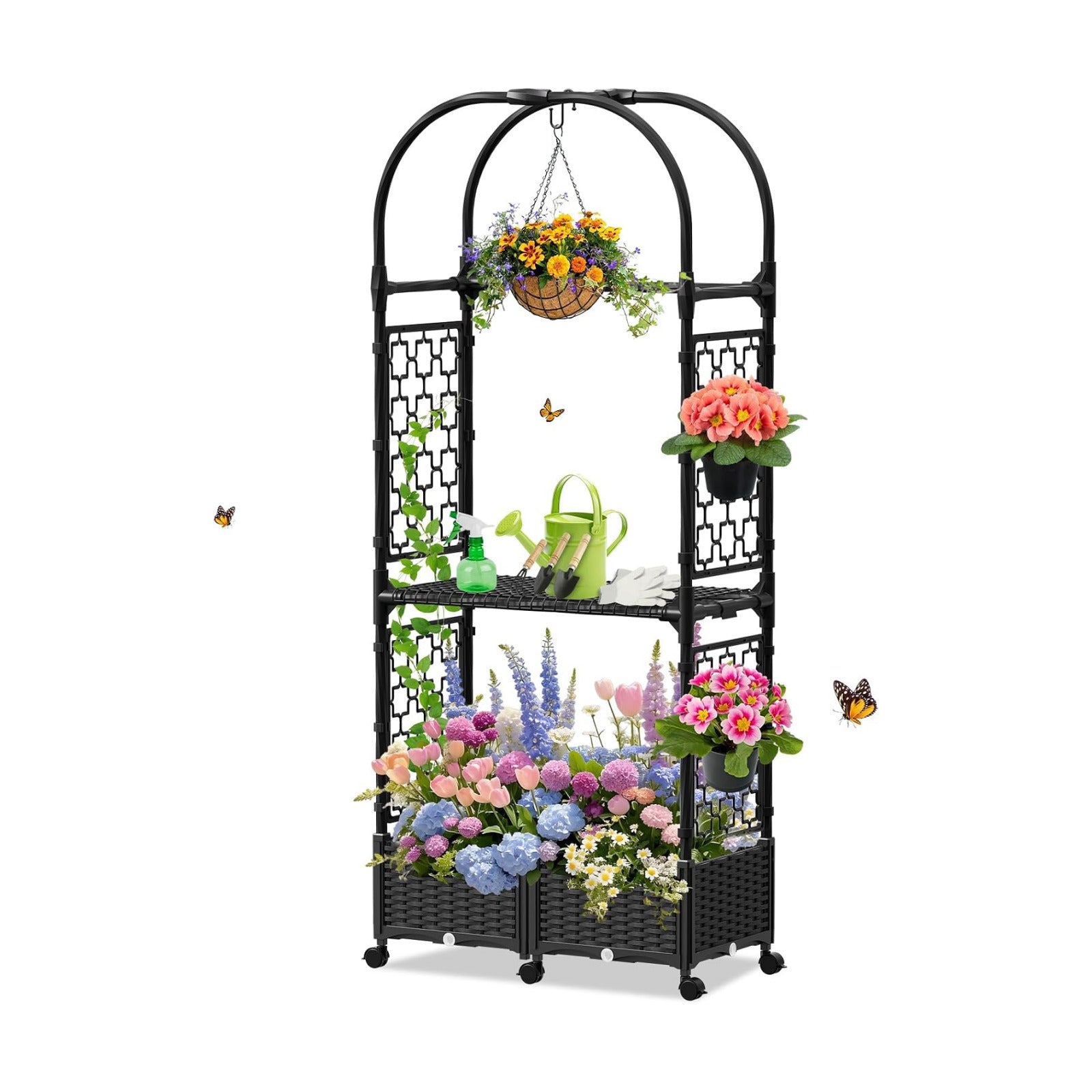 Planter Box with Trellis,5.9ft/71in Self Watering Raised Garden Bed with Wheels and Storage Shelf,Drainage Holes,for