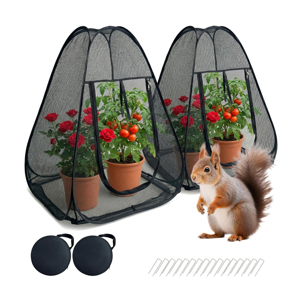 2PCS Pop-Up Garden Netting Protector with 2 Storage Bags & 16 U-Shaped Nails, 28"x28"x32" Plant Shade Tent， Mesh Plant