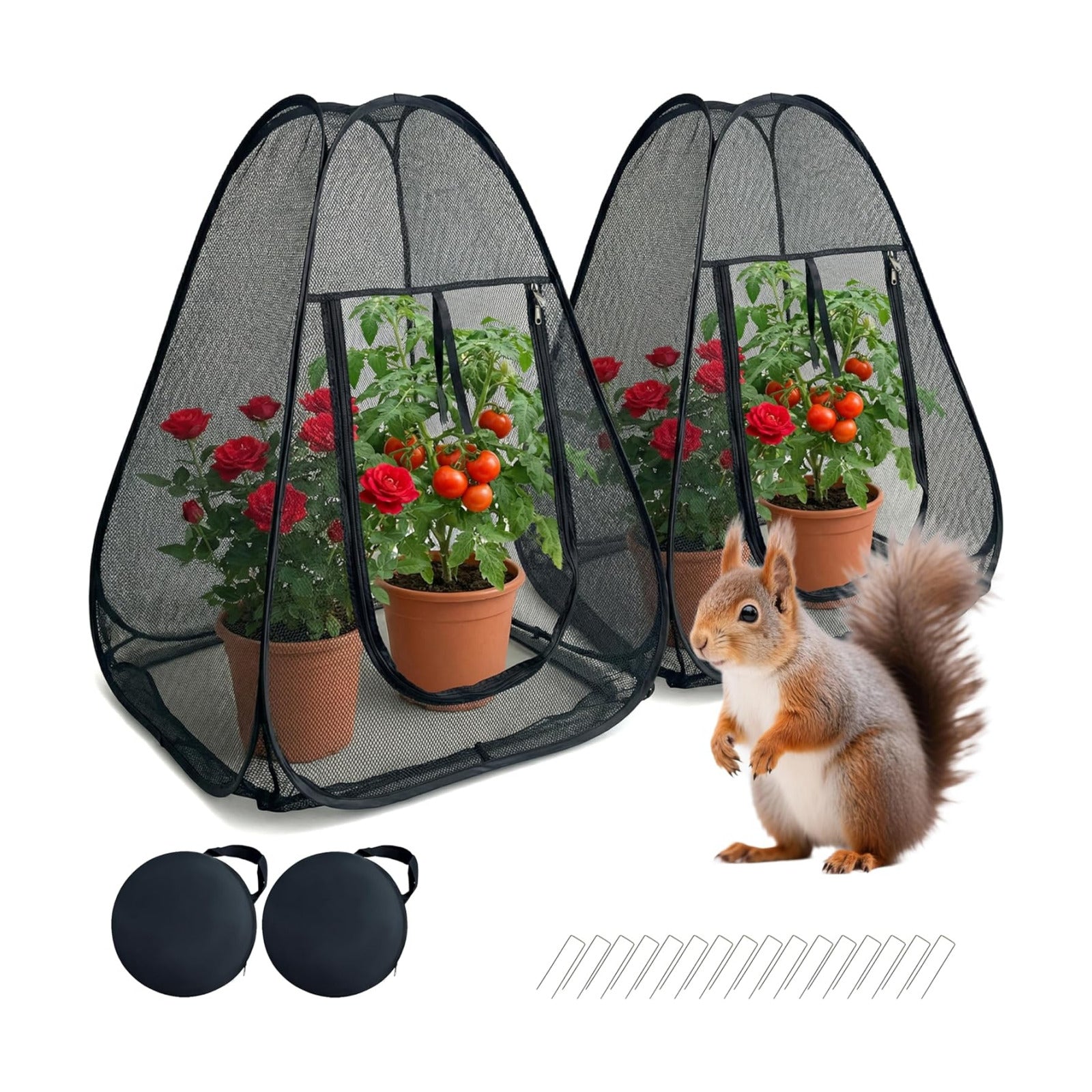 2PCS Pop-Up Garden Netting Protector with 2 Storage Bags & 16 U-Shaped Nails, 28"x28"x32" Plant Shade Tent， Mesh Plant