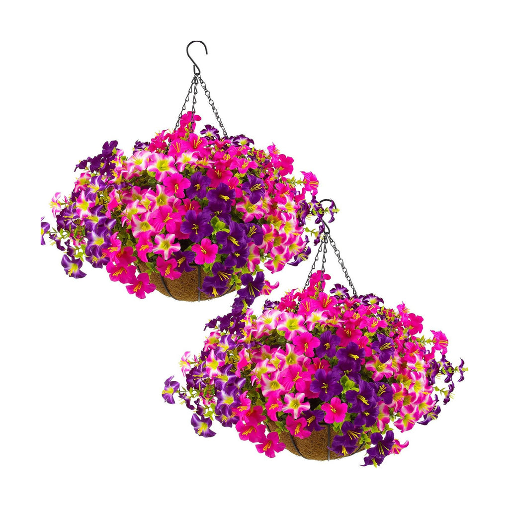 2 Set Artificial Outdoor Petunias Flowers with Hanging Baskets, 24 Pcs UV Resistant Faux Petunias Flowers with Hanging Planter for Front Door Porch Spring Outside Decor (2, RoseRed,RedViolet)
