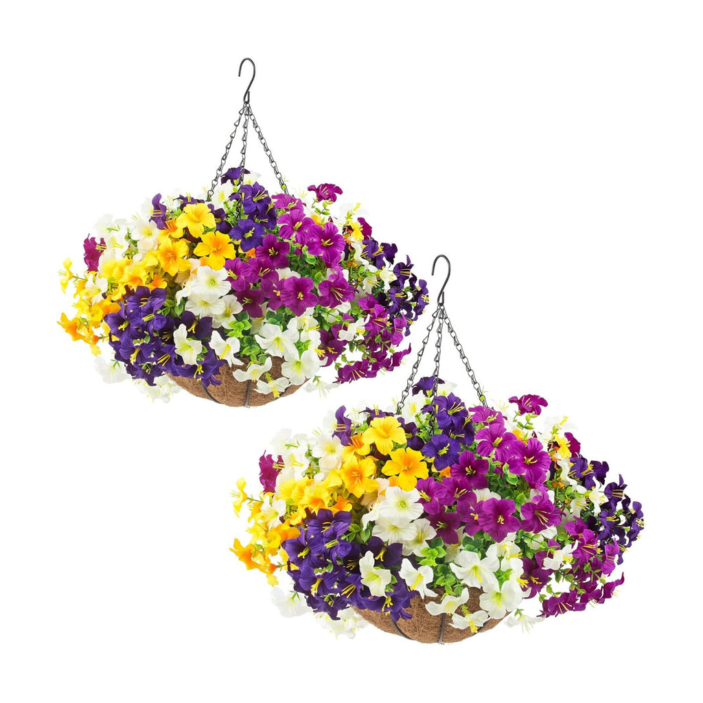 2 Set Artificial Outdoor Flowers with Hanging Baskets,24 Pcs UV Resistant Faux Petunias Flowers with Hanging Planter