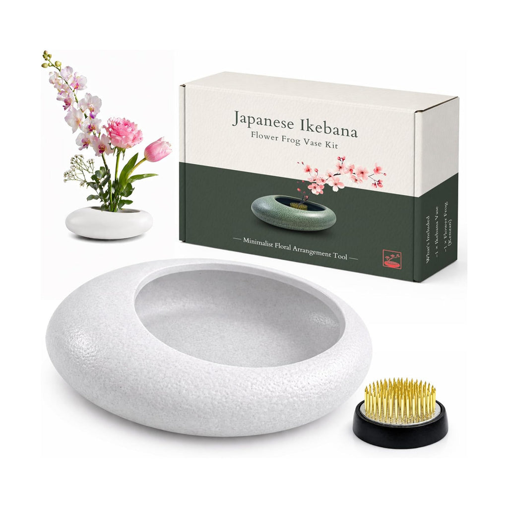 Japanese Flower Frog Vase Set, White Ceramic