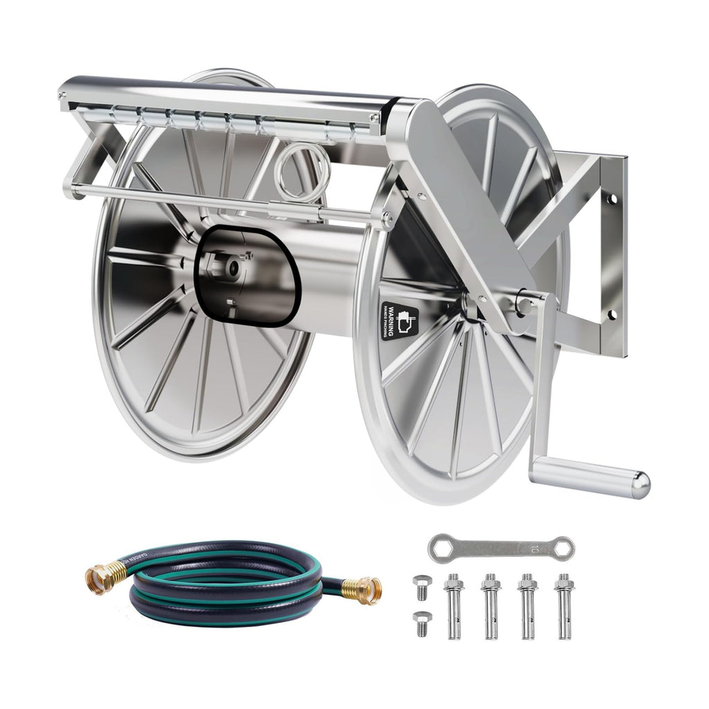 Stainless Steel Garden Hose Reel Heavy Duty, Wall Mount Water Hose Holder, 150 Feet of 5/8 Inch Hoses Capacity, Hose