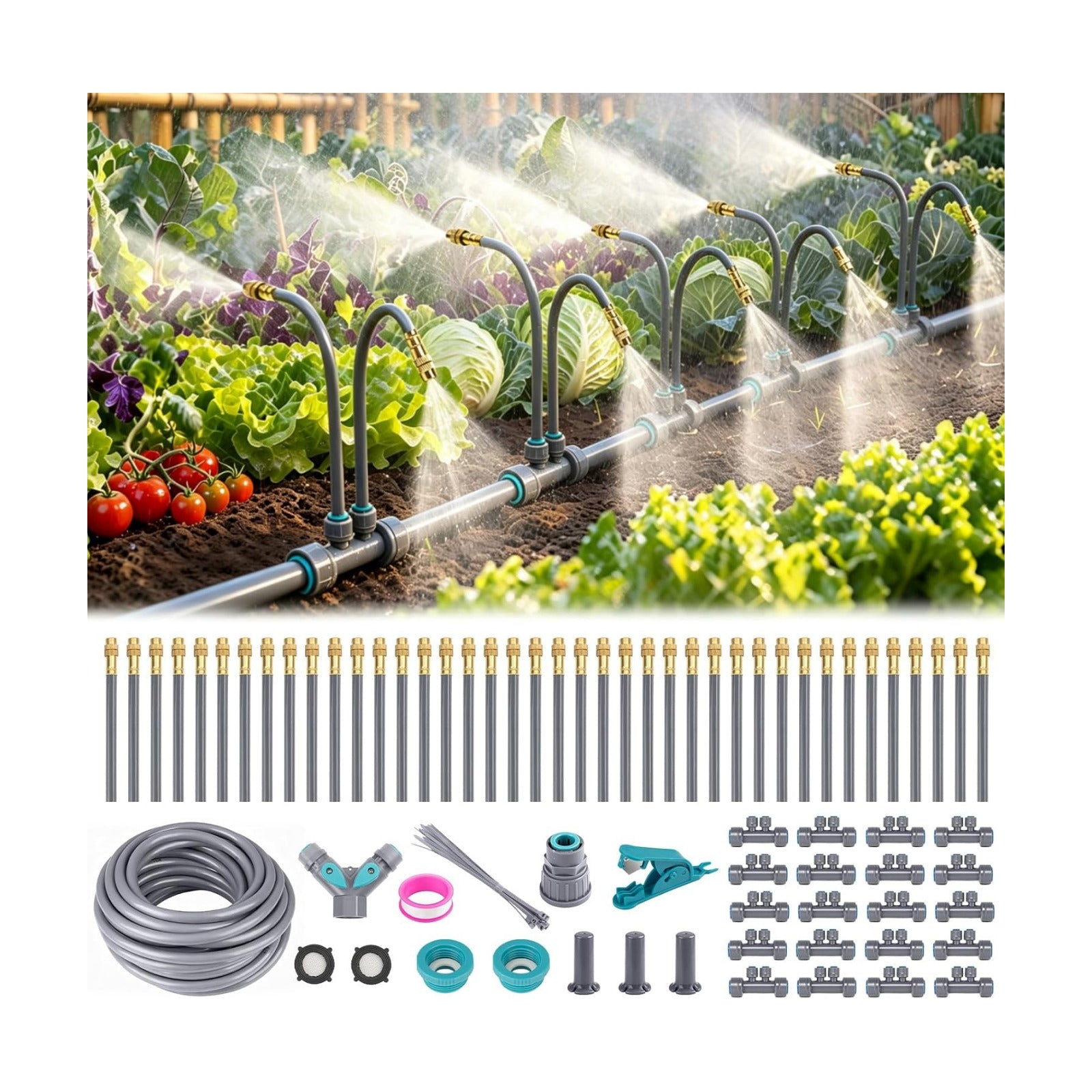 66 FT Drip Irrigation System - 360° Adjustable Garden Watering System | 40 Spray Nozzles, 2 Head, Garden Atomizing