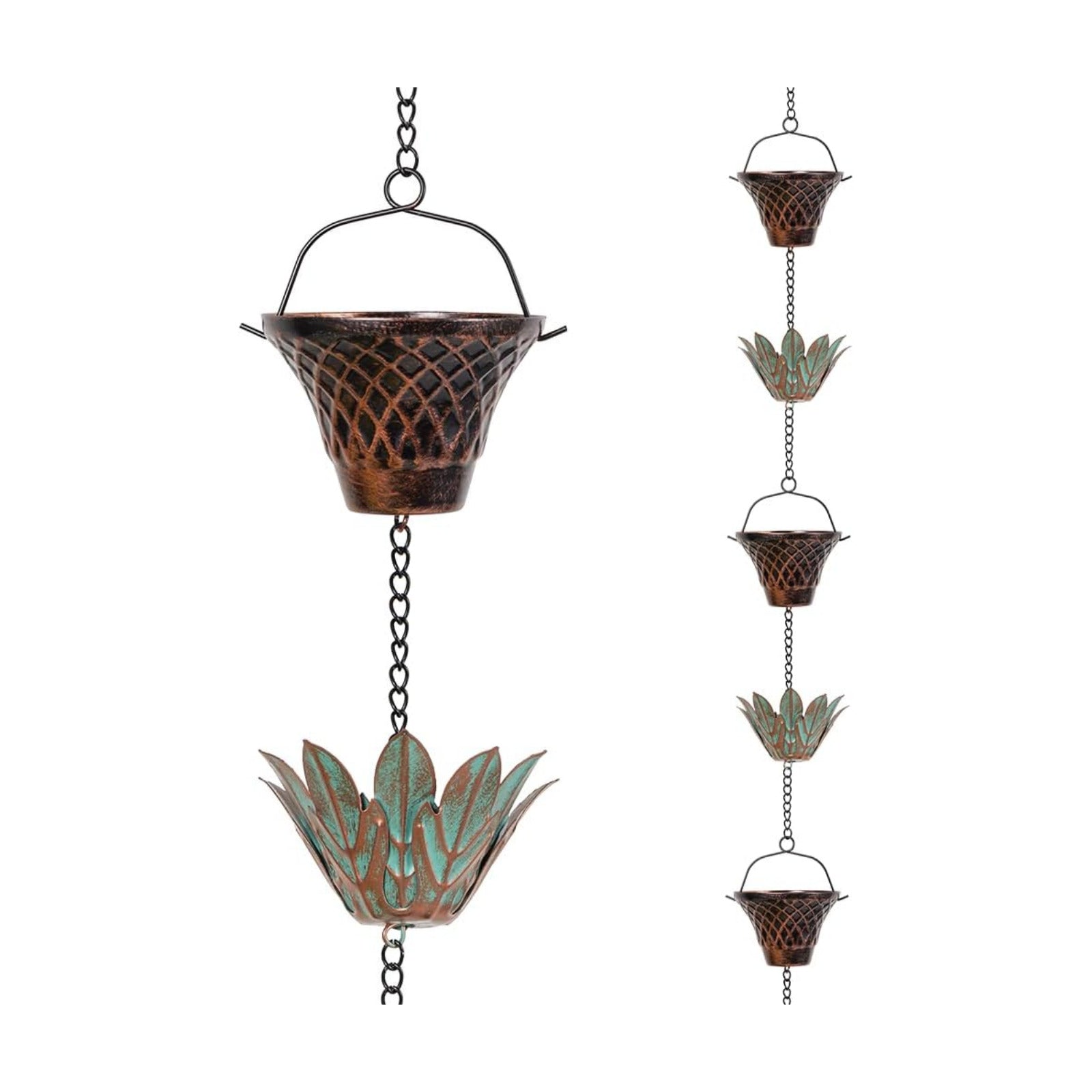 10.2ft Lotus Rain Chains for Outside Gutters, Eaves, Drainage | 16 Cups, Metal Rain Chain, Adjustable Length