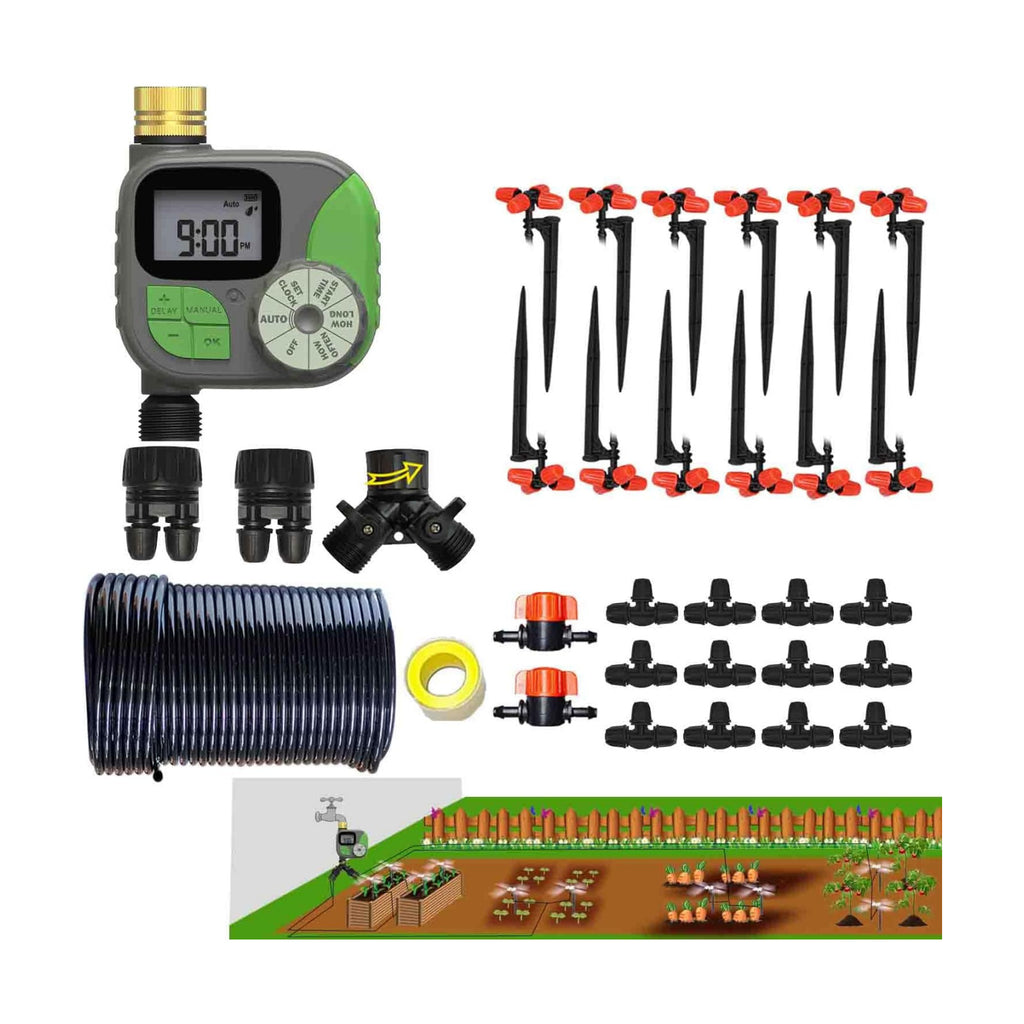 Drip Irrigation Kit Automatic Watering System with Water Timer 64FT 1/4 Tubing and 12 Rain Spray Watering Nozzles in 4