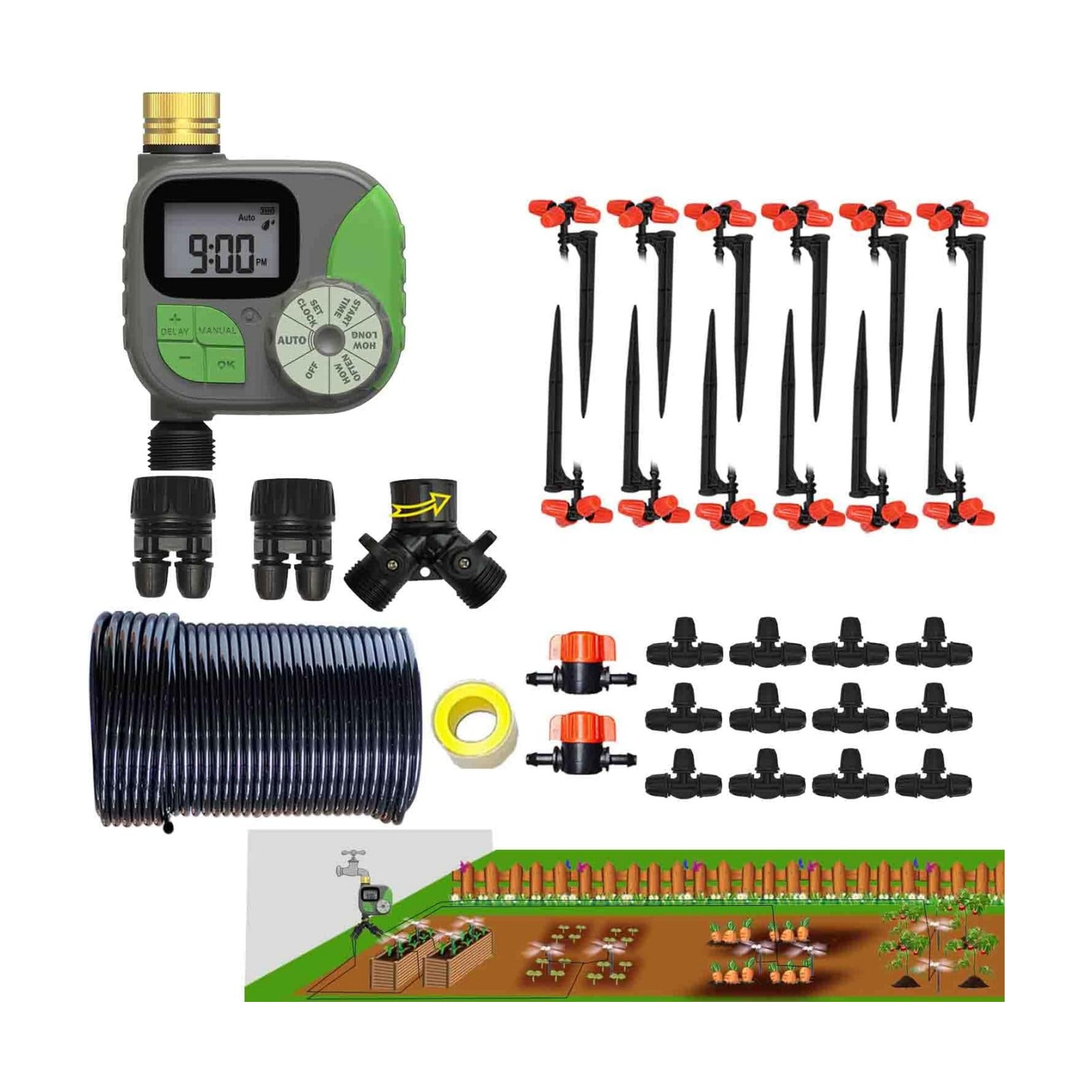 Drip Irrigation Kit Automatic Watering System with Water Timer 64FT 1/4 Tubing and 12 Rain Spray Watering Nozzles in 4