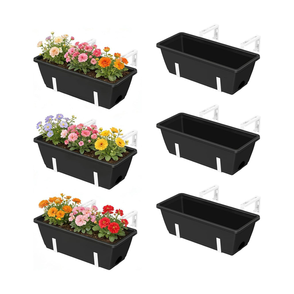 Railing Planter Boxes 6 Pack Window Boxes Planters with Adjustable Brackets | Outdoor Hanging Flower Pots for Railling