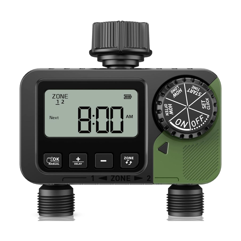Sprinkler Timer 2 Outlets, Programmable Water Hose Timer with Rain Delay/Manual/Automatic Watering System, Outdoor