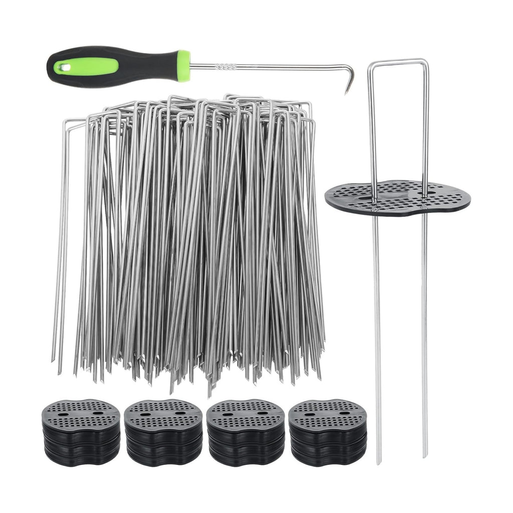 8 Inch Landscape Staples Set, 200Pcs U-Shaped Landscape Staples and 200Pcs Fixing Gasket with 1 Pcs Pick Hook for Weed