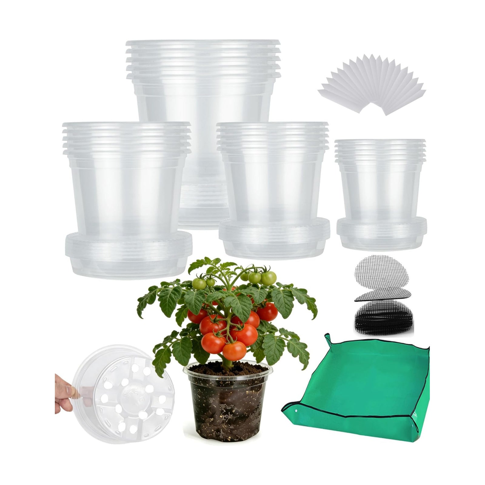 20-Pack Clear Nursery Pots with Saucers & Repotting Mat (4/5/6/7 Inch) – Transparent Plastic Plant Pots with Drainage