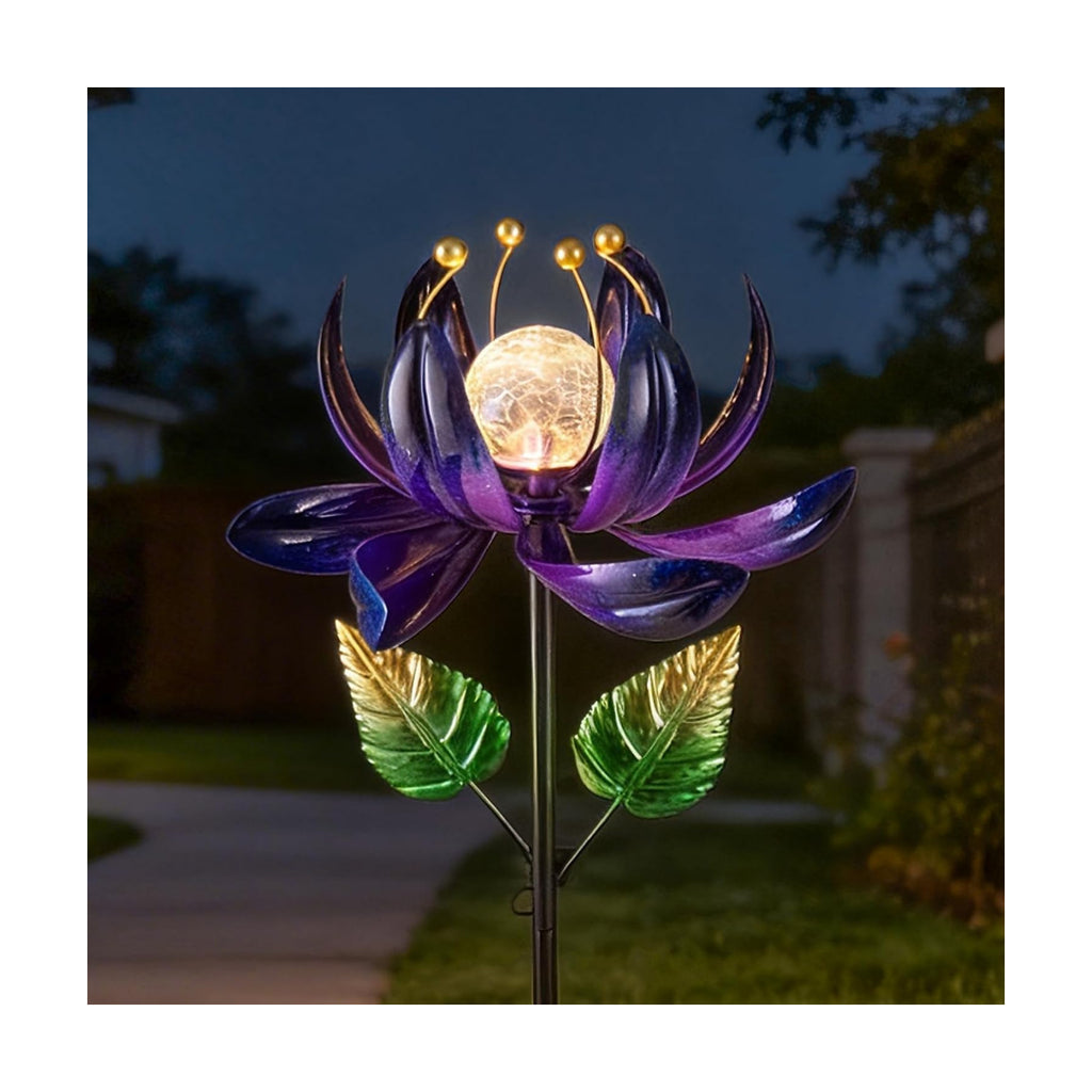 AIINY Solar Purple Metal Flower Wind Spinners, Colorful Spinning Windmill Lotus Yard Art Lights with LED Crystal Ball