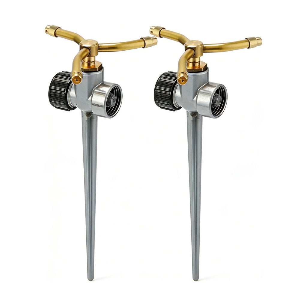 [2 Pack] 3-Arm Rotary Sprinkler Brass Nozzle Metal Spike Base | 3-arm rotary, brass nozzle, metal spike base, 360°