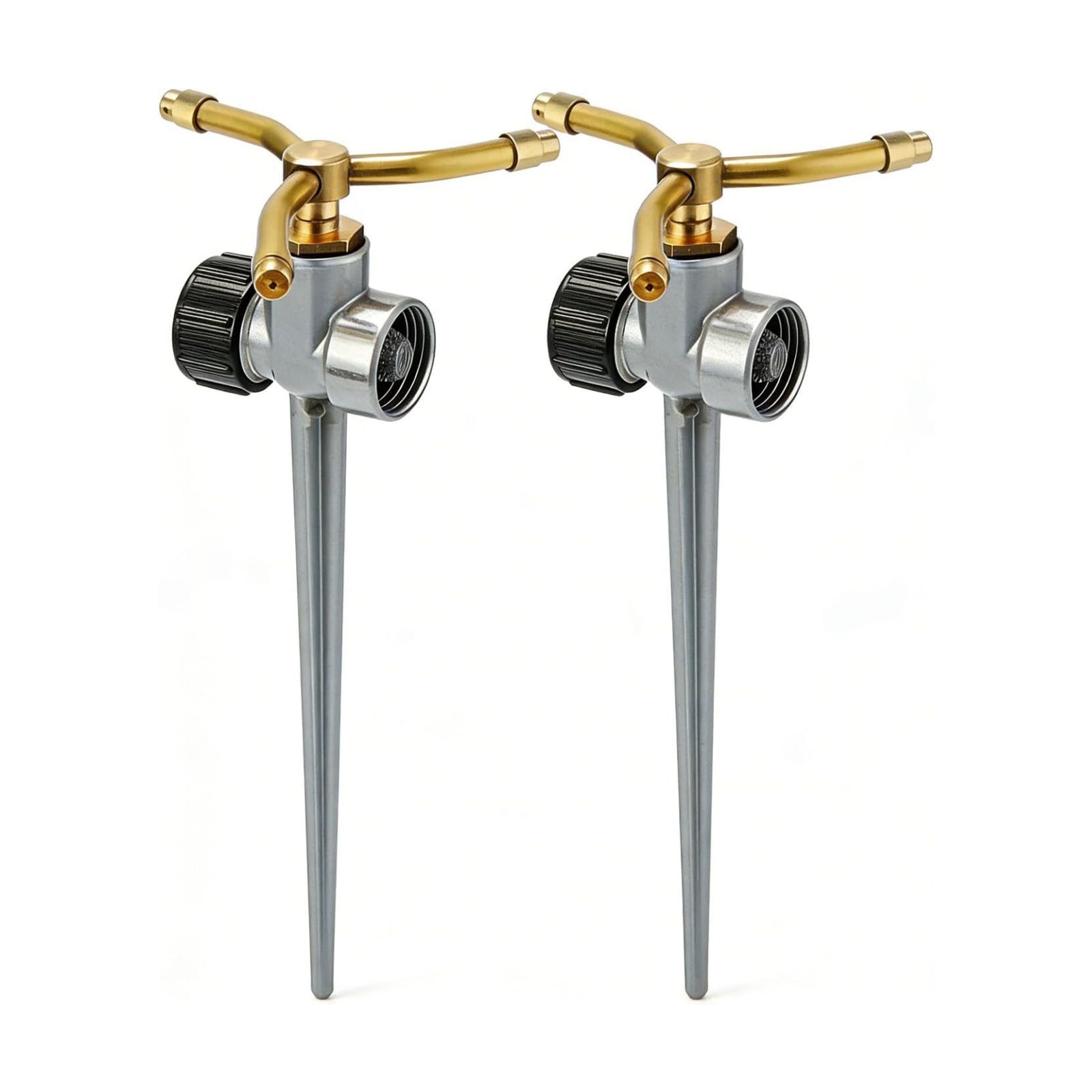 [2 Pack] 3-Arm Rotary Sprinkler Brass Nozzle Metal Spike Base | 3-arm rotary, brass nozzle, metal spike base, 360°