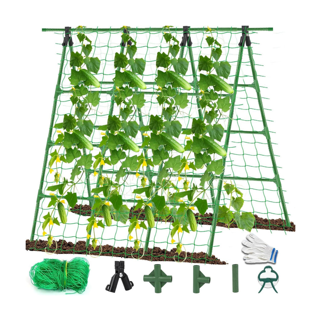 A-Frame Cucumber Trellis for Raised Bed - 63”H x 47”W, Heavy-Duty Detachable Garden Trellis with Netting & Clips