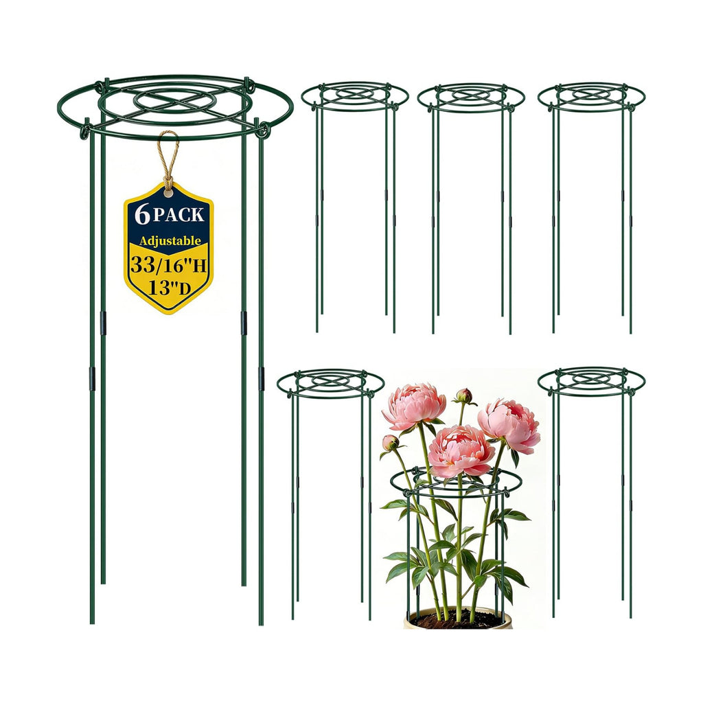 QwayHome 6Pack Peony Cages and Supports 33''H x 13''D Grow Through Large Plant Support, Adjustable High, Heavy Duty