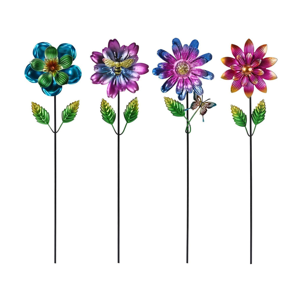 Calenzana Metal Flower Garden Stakes for Outside, 4 Pack Flower Garden Decor with Shaking Head for Yard Porch Lawn