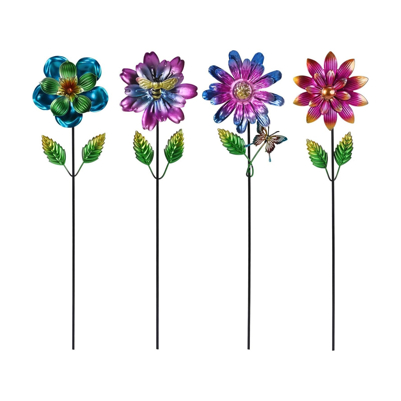 Calenzana Metal Flower Garden Stakes for Outside, 4 Pack Flower Garden Decor with Shaking Head for Yard Porch Lawn