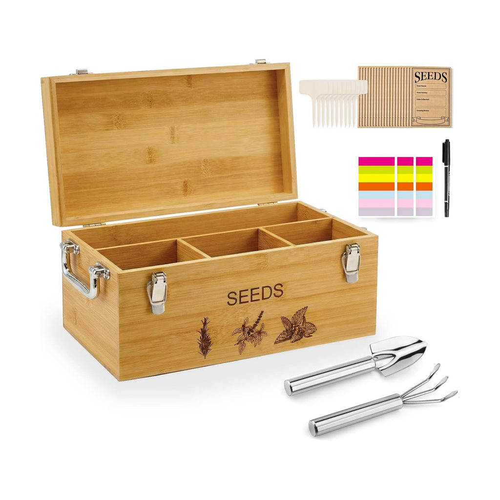 Natural Bamboo Seed Storage Organizer Box, Garden Tools Saving Kit | Large Seeds Saver Kit Included Stainless Steel