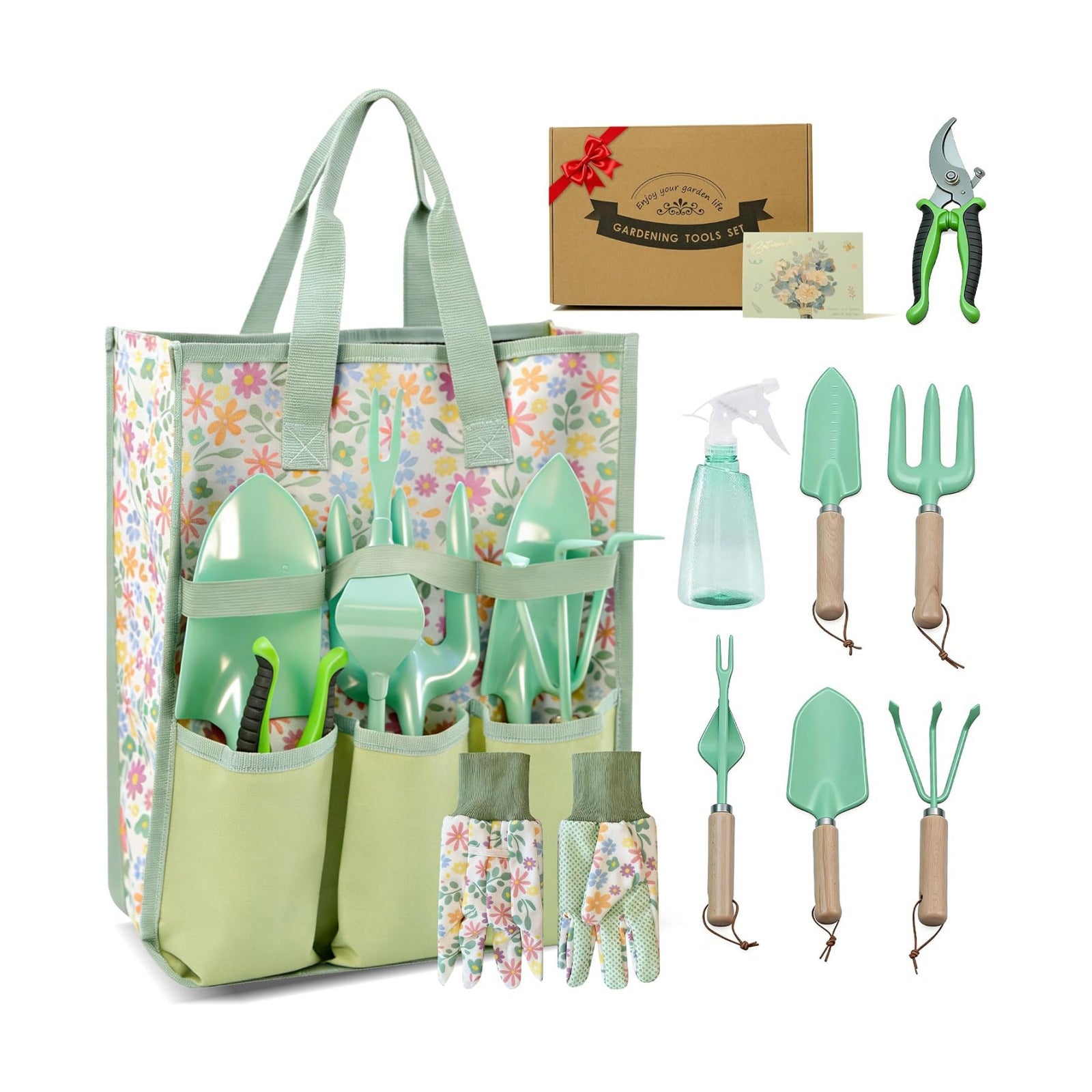 9-Piece Gardening Tool Set for Women Mom Ideal Gifts | Heavy Duty Stainless Steel Tools with Floral Organizer Handbag