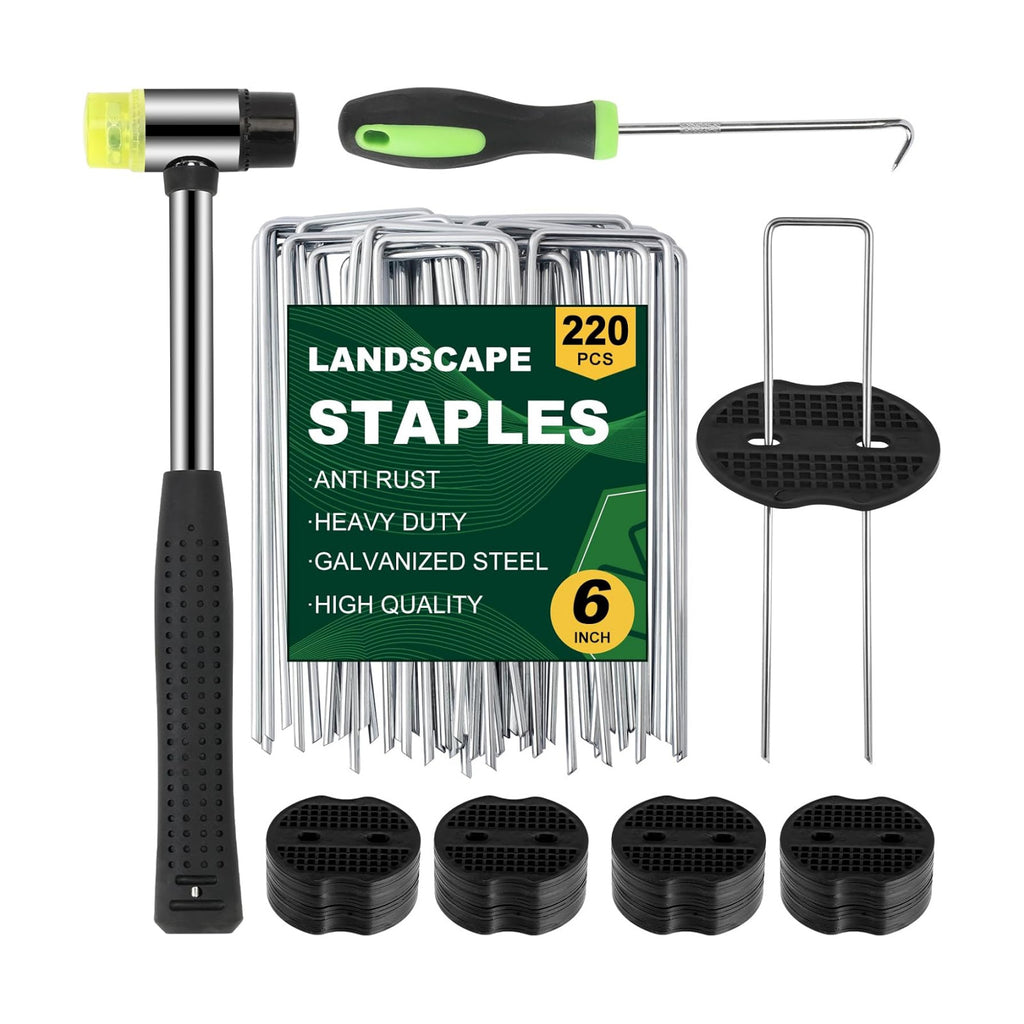 6 Inch Landscape Staples 220Pcs with Gaskets,Hammer,Pick Hook | 11 Gauge Galvanized Landscaping Staples Landscape Pins
