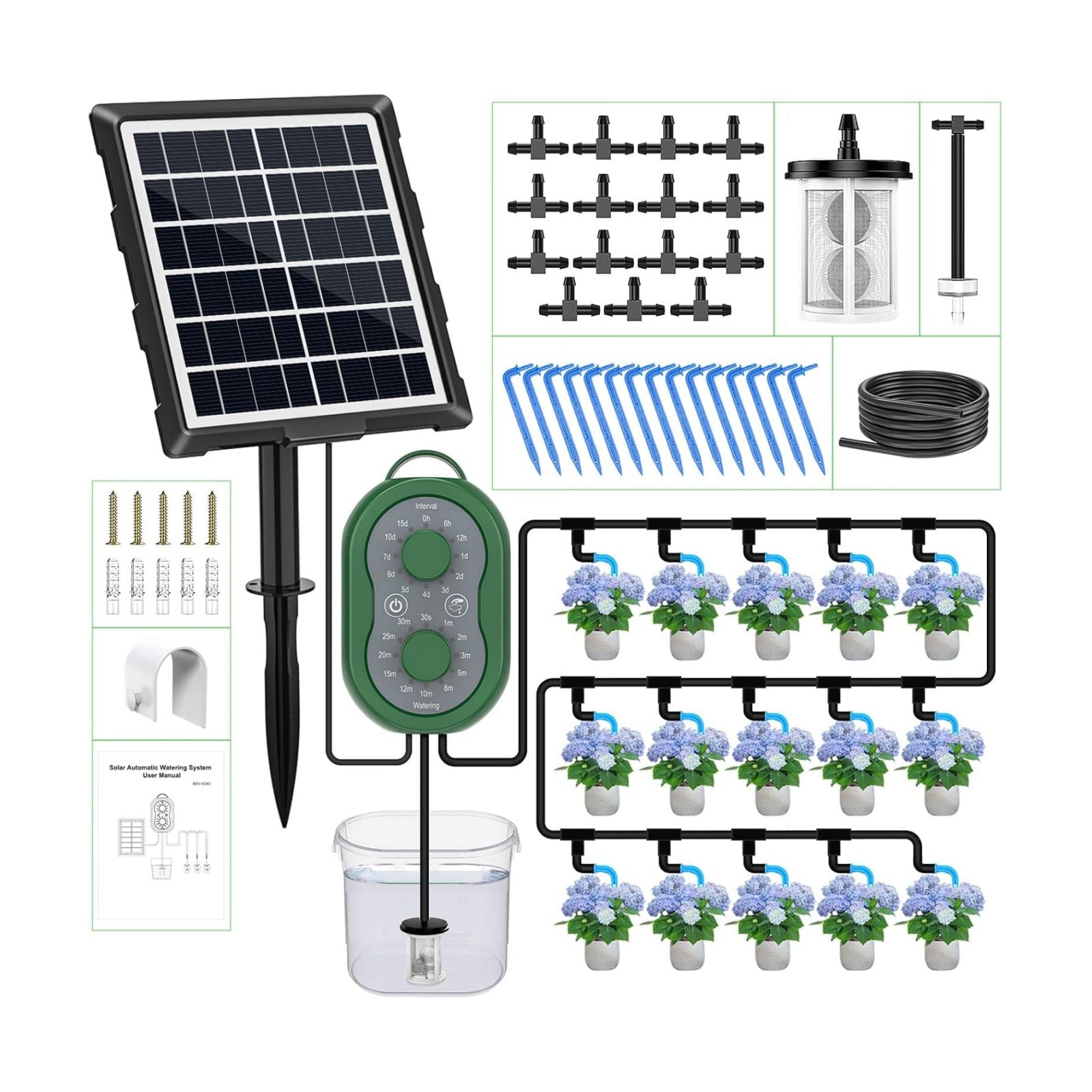 50FT Automatic Solar Drip Irrigation System, Solar Automatic Plant Waterer Kit, Supported 15 Pots, Indoor/Outdoor