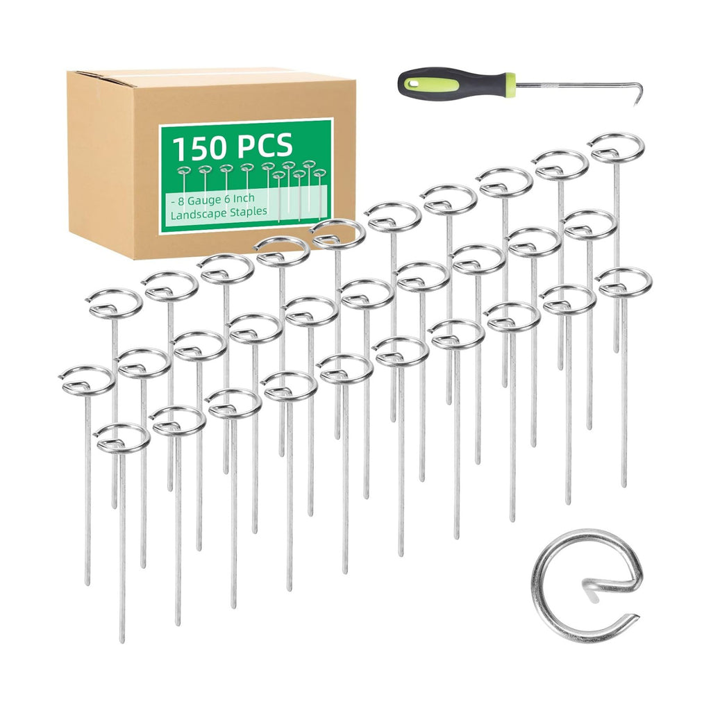 150 Pack 6 Inch Landscape Staples, Thickened 8 Gauge Circle Top Garden Stakes Heavy Duty Galvanized Landscape Fabric
