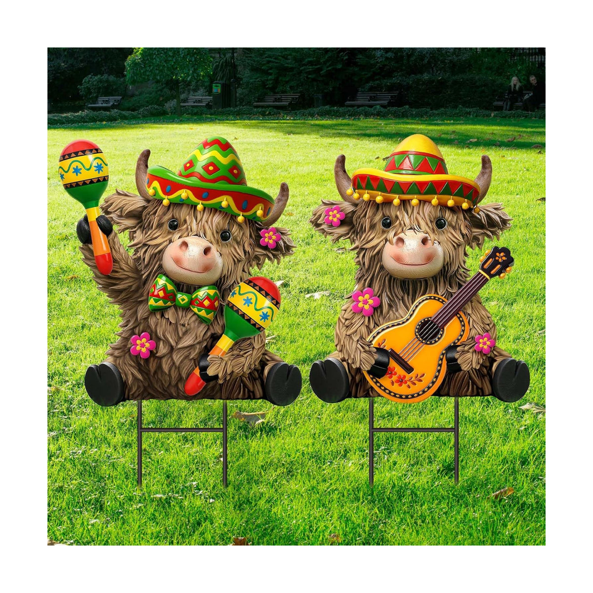 Amyhill 2 Pcs Cinco De Mayo Highland Cow Garden Stakes, Mexican Fiesta Metal Outdoor Decor, Western Cowboy Welcome Yard Signs for Patio, Lawn, Walkway, Garden, Cinco De Mayo Party Decorations
