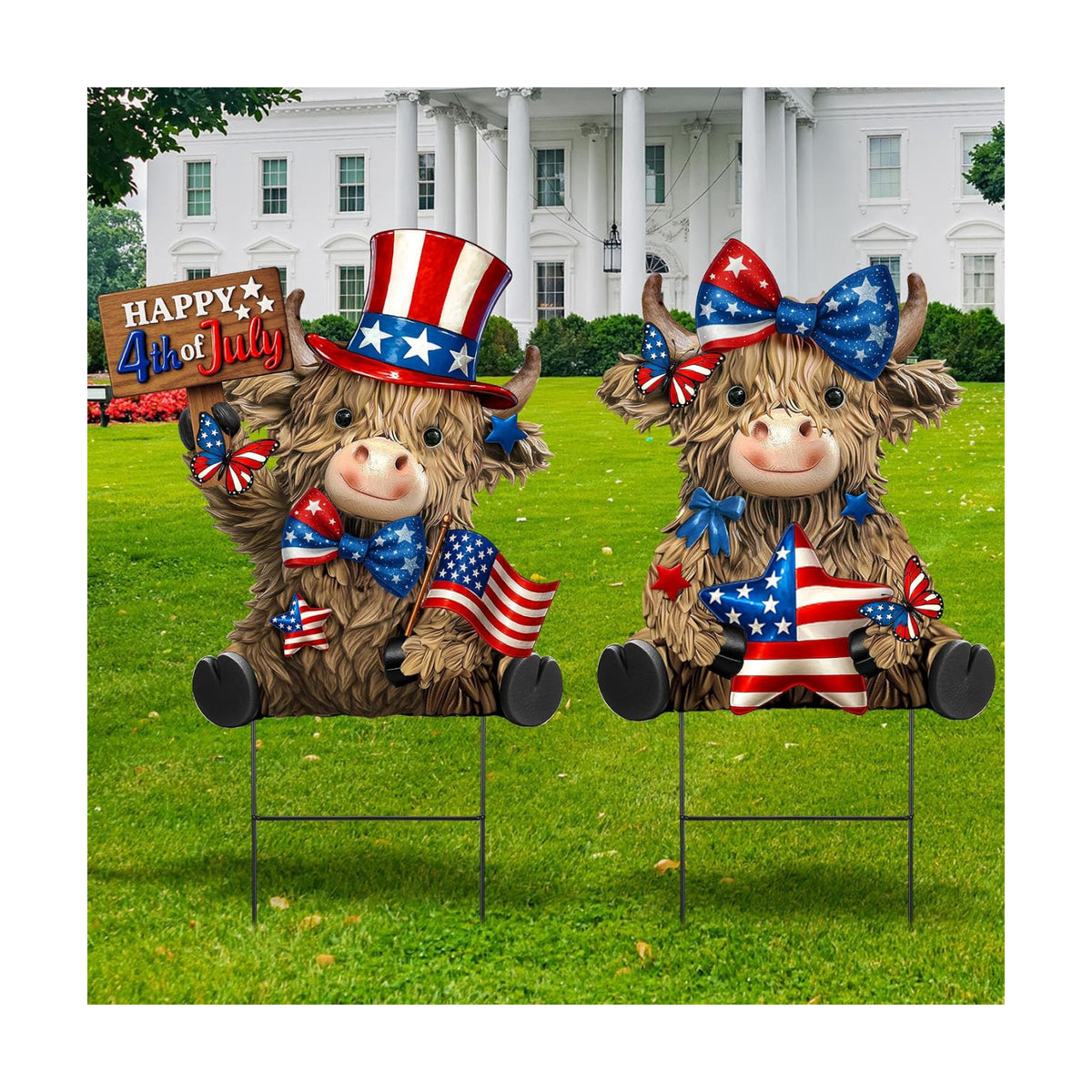 Amyhill 2 Pcs 4th of July Metal Outdoor Decor Garden Stakes Patriotic Highland Cow Welcome Yard Signs Decorations Red White Blue Garden Stakes for Independence Memorial Day Patio Lawn Walkway Outside