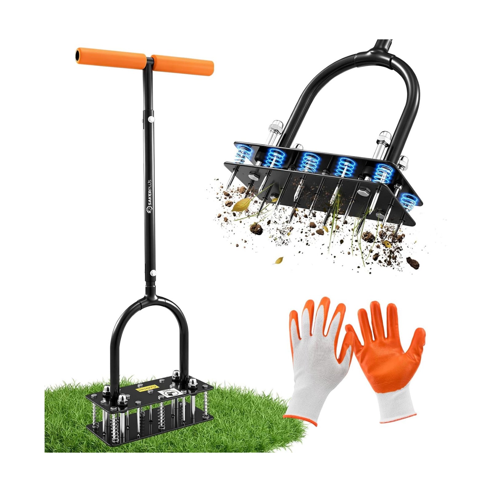 Sakerplus Aerator Lawn Tool, Hand Metal Spike Lawn Aerator with Rebounce Spring Base, Automatic Leaf and Dirt Cleaning
