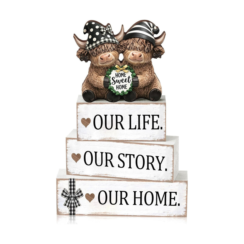 Yousoontic 4 Pcs Sweet Home Highland Cow Figurines, Rustic Farmhouse Decor
