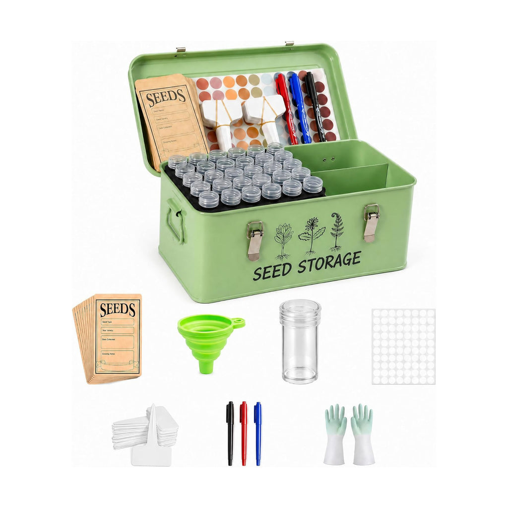 Seed Storage Box – Metal Seed Packet Organizer with Garden String and Bamboo Plant Labels. Seed Container Storage