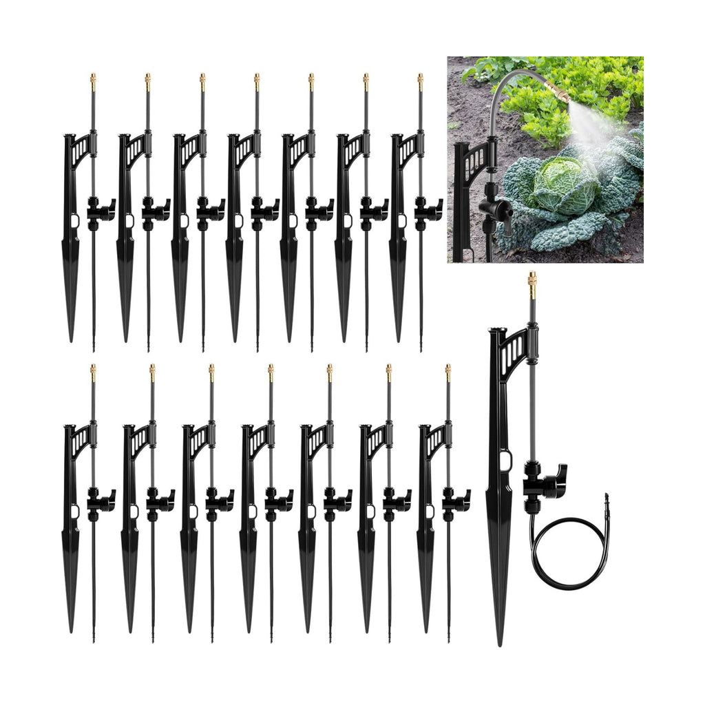 15 Sets 360° Adjustable Irrigation Misting Heads with Stake | Micro Spray Emitters with 1/4" Irrigation Tubing on Riser