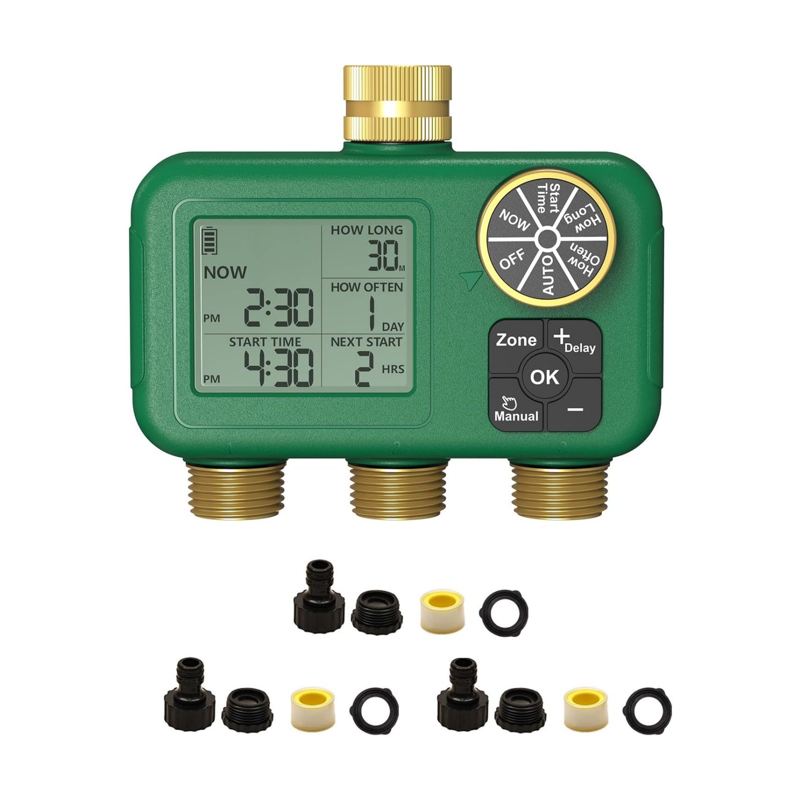 MOES 3 Zone Water Timer, Brass Fittings, Sequential Watering, No Wi-Fi | 3 Independently Programmable Outlets With 3/4