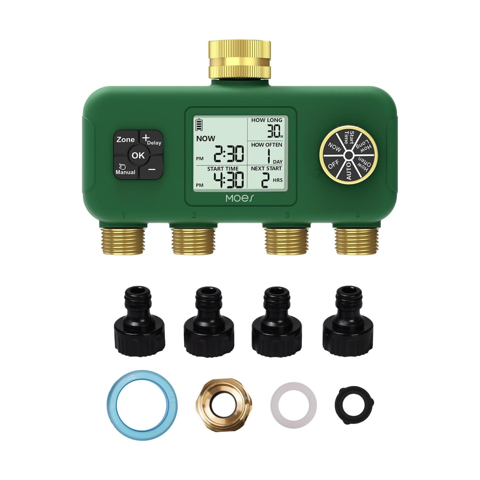 MOES 4 Zone Water Timer, Brass Fittings, Sequential Watering, No Wi-Fi | 4 Independently Programmable Outlets With 3/4