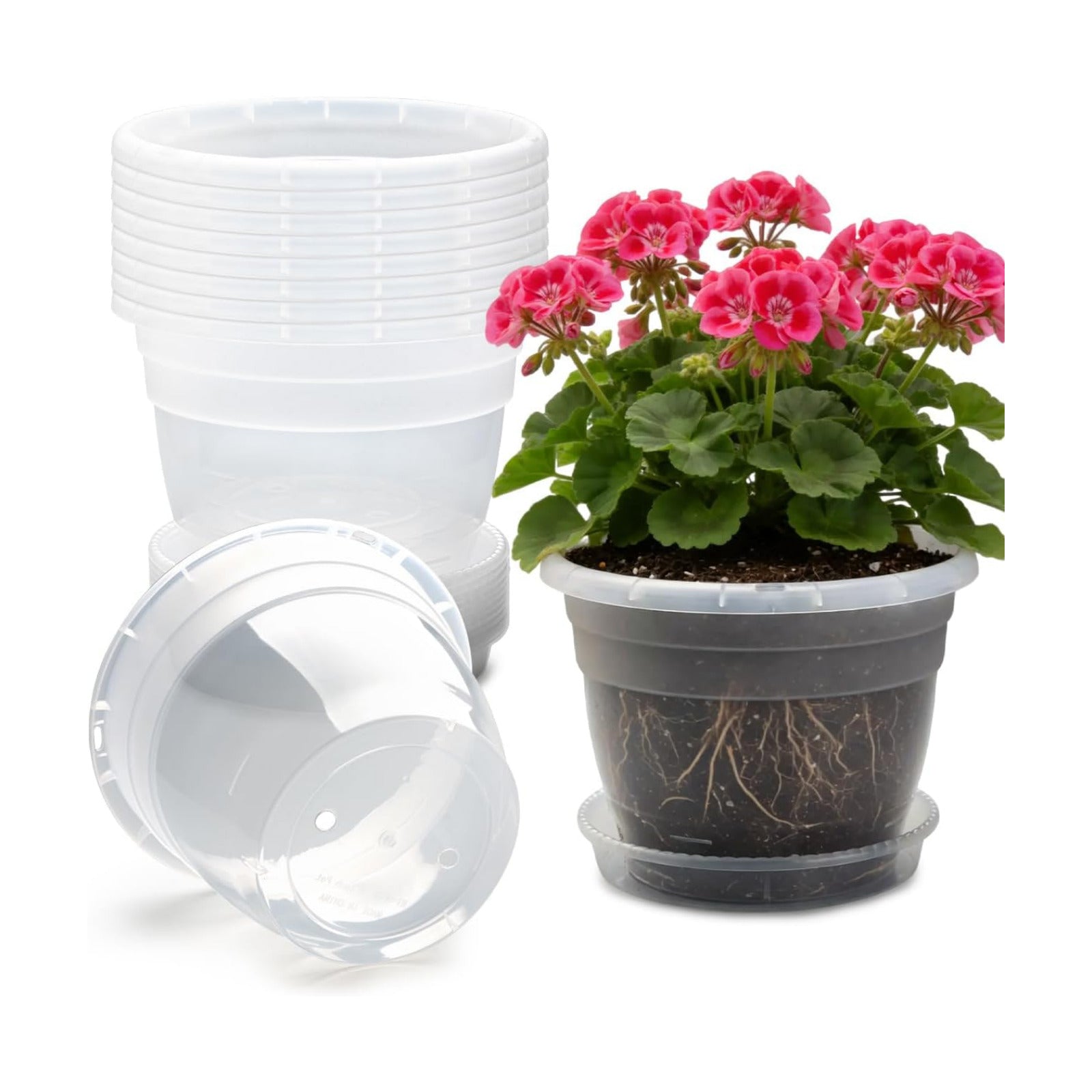 RooTrimmer 8 Inch Clear Nursery Pots with Drainage Holes and Clear Saucers,Transparent Flower Planters for Indoor