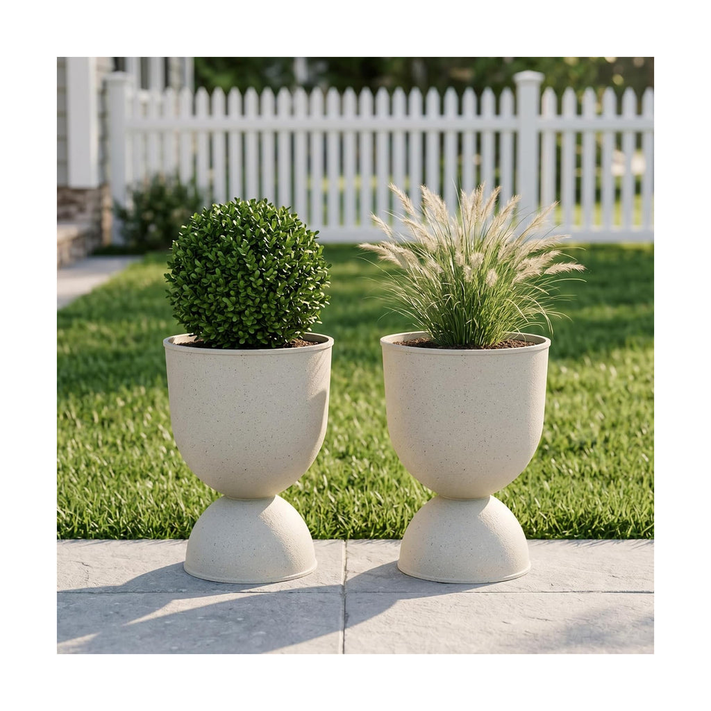 KOL Planters Flower Pots, Plastic Urn Planters for Indoor Outdoor Plants, Beige Pedestal Planter Pots 2 Pack, 15 Inch