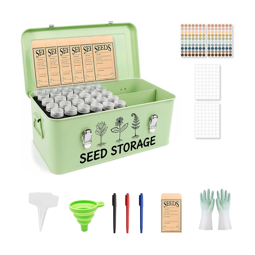 Metal Seed Storage Box Organizer with 3 Compartments, Safety Lock Lid Bin Seed Bottles Envelopes, Plant Labels