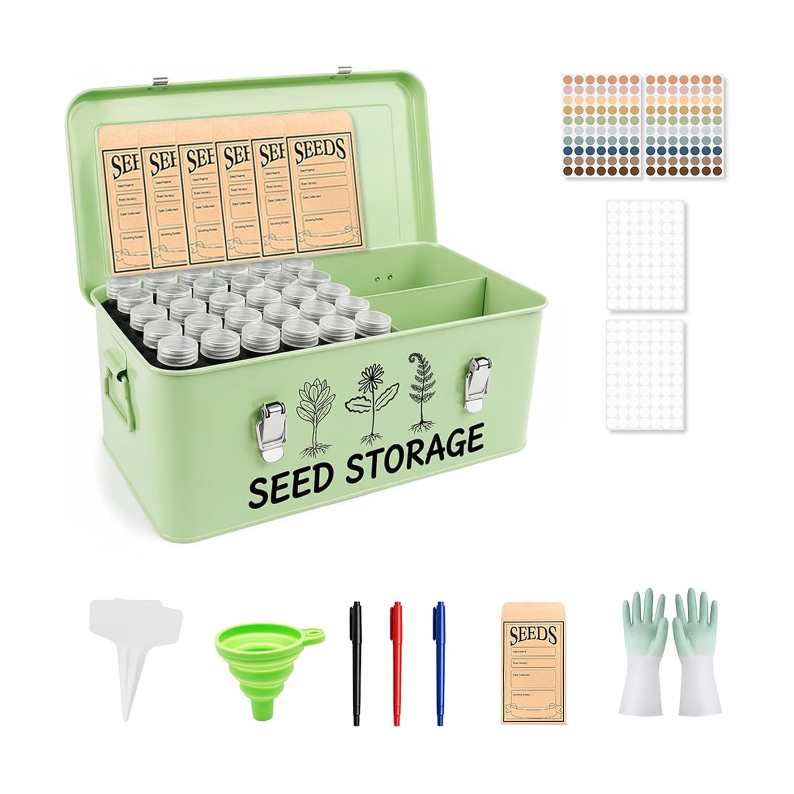 Metal Seed Storage Box Organizer with 3 Compartments, Safety Lock Lid Bin Seed Bottles Envelopes, Plant Labels