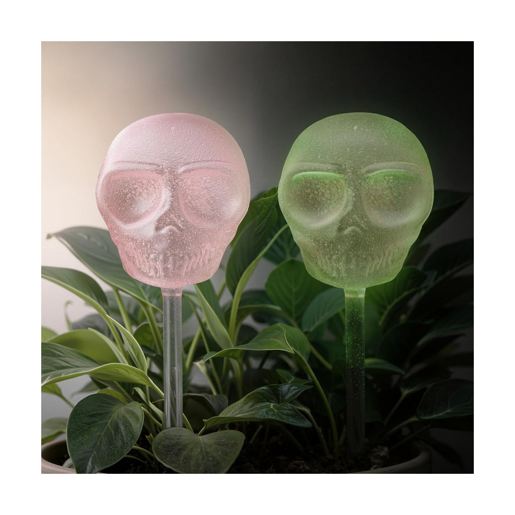 Soilagua 10 oz Glow-in-The-Dark Smiling Cute Skull Glass Plant Watering Globes, Halloween Goth Water Bulbs, Gothic