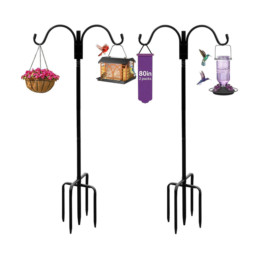 Shepherds Hooks Outdoor 80" Adjustable 2 Pack 5-Prong Base for Bird Feeders | Heavy Duty Double Garden Hooks for