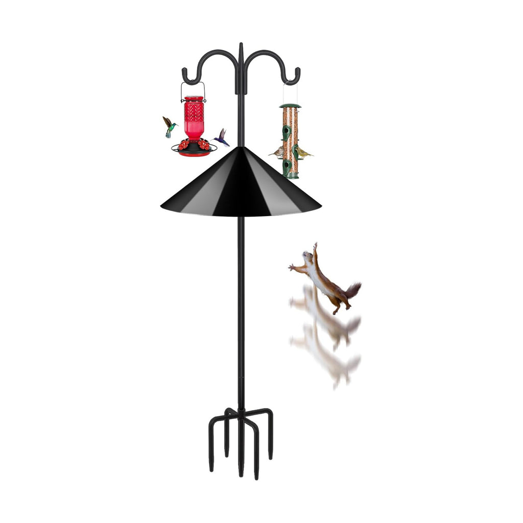 FEED GARDEN Heavy Duty Shepherds Hook Squirrel-Proof Bird Feeder Pole 92" Double Hooks 5-Prong Base & 19" Baffle for Outdoor Feeders & Plants