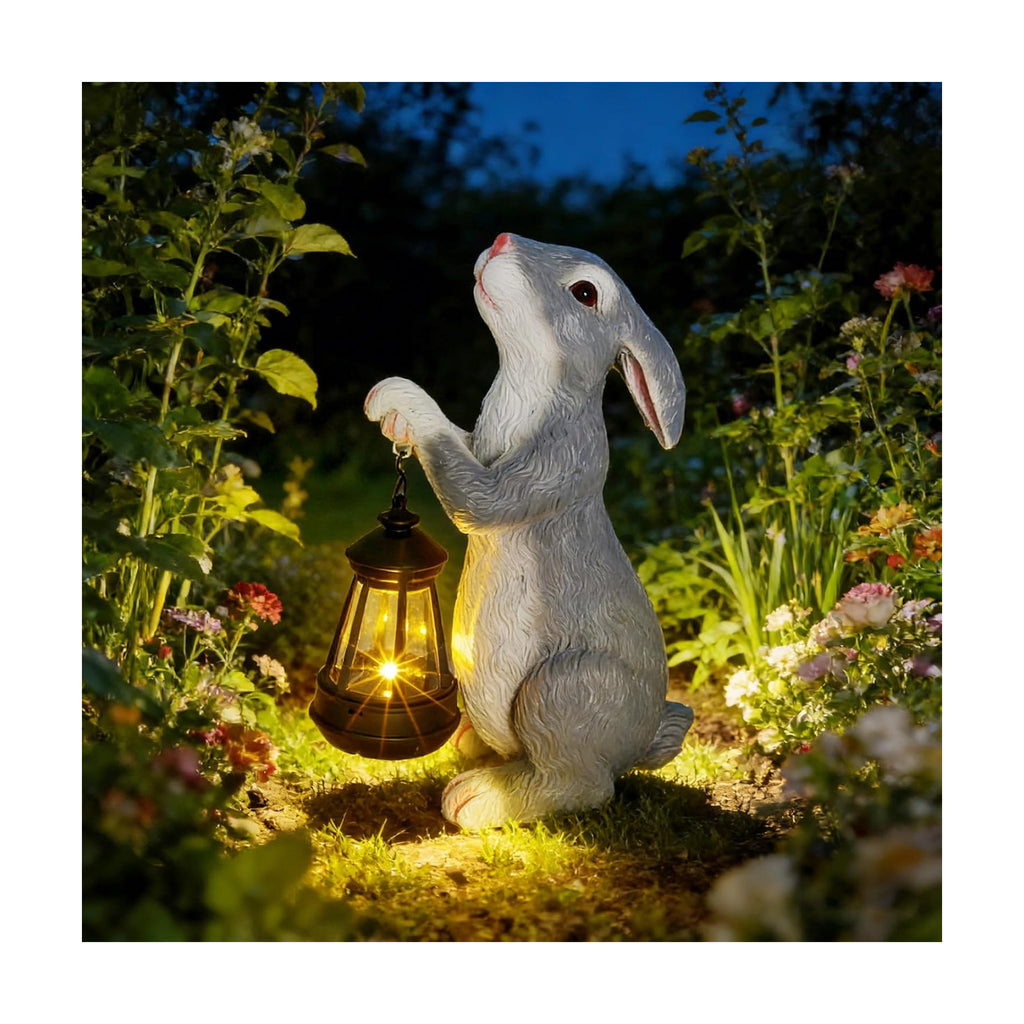 11.8 Inch Solar Rabbit Statue with Glowing Lantern, Handcrafted Resin Easter Bunny Figurine, Waterproof Outdoor Garden
