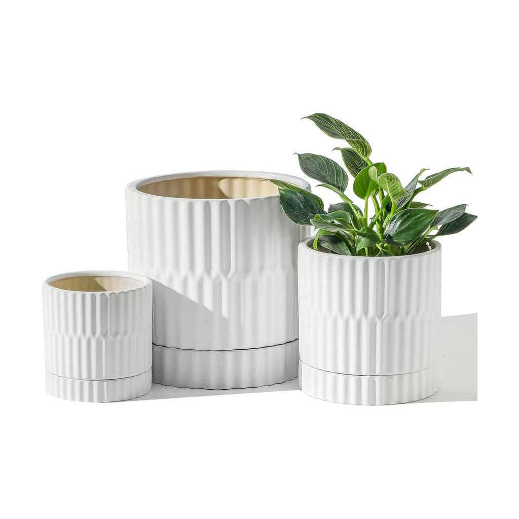 HASENSE Plant Pots - 8+6+4.6 Inch White Vertical Textured Ceramic Planters Set of 3 with Drainage Hole, Decorative