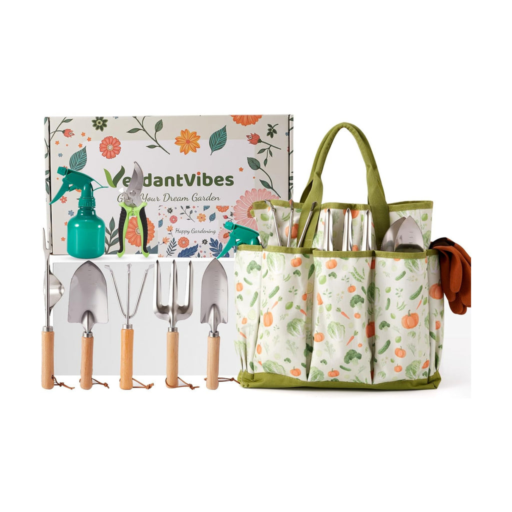 VerdantVibes 10-Piece Garden Tool Set - Heavy Duty Stainless Steel Gardening Kit with Wood Handle, Pruners & Vegetable